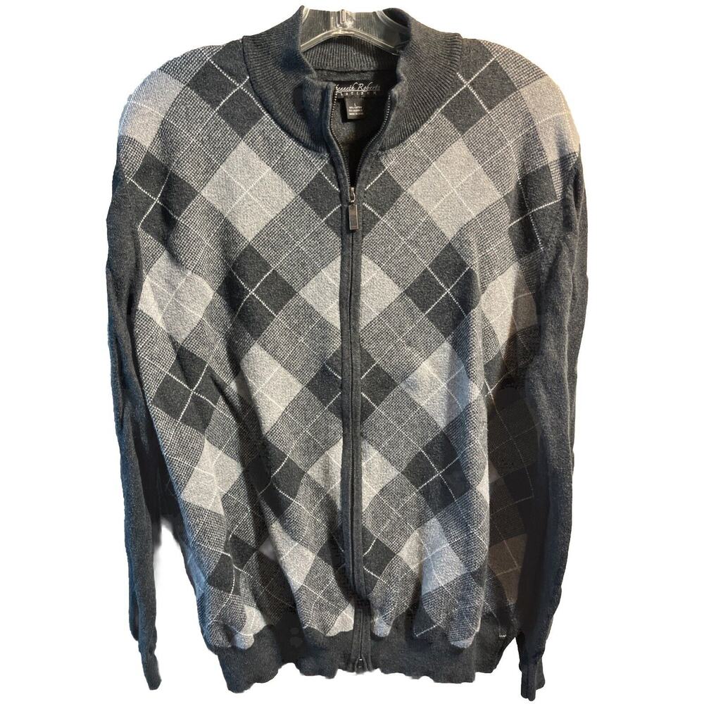 Kenneth Roberts Platinum Men’s L Gray Argyle Full Zip Cotton Cashmere Sweater